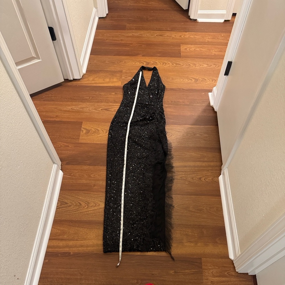 Black Sequin Halter Evening Gown